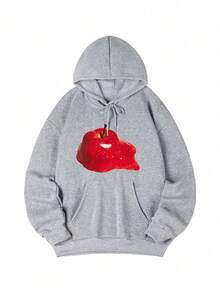 Women's Hooded Sweatshirt, New Autumn/Winter Apple Pattern Print, Drawstring Design, With Pockets, Casual Versatile Loose Fit Top, Fashionable Daily Wear - Dark Gray - View 3