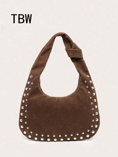 Bolso de hombro con forma de media luna para mujer, material PU, gran capacidad, decoración con tachuelas, estilo vintage, adecuado para ir al trabajo y salidas, bolso hobo