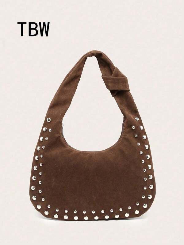Bolso de hombro con forma de media luna para mujer, material PU, gran capacidad, decoración con tachuelas, estilo vintage, adecuado para ir al trabajo y salidas, bolso hobo