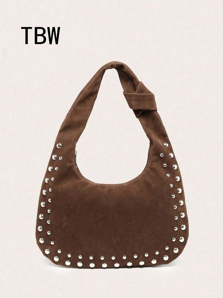 Women's Crescent-Shaped Shoulder Bag, PU Material, Large Capacity, Stud Decor, Vintage Style, Suitable For Commuting And Outings, Hobo Bag - Brown - View 1