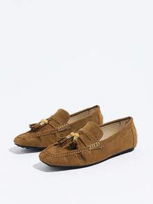 Women's Plus Size Vintage Suede Brown Square Toe Tassel Loafers, Slip-On Soft Sole Casual Daily Commute Comfortable Versatile Walking Shoes, Slouchy Shoes, Autumn/Winter New - Brown - View 12
