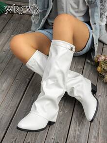 WRCVS Women's Pointed Toe Chunky Heel Suede Western Boots With Tassels, Slim Fit Tall Boots, Christmas Style - White - View 3