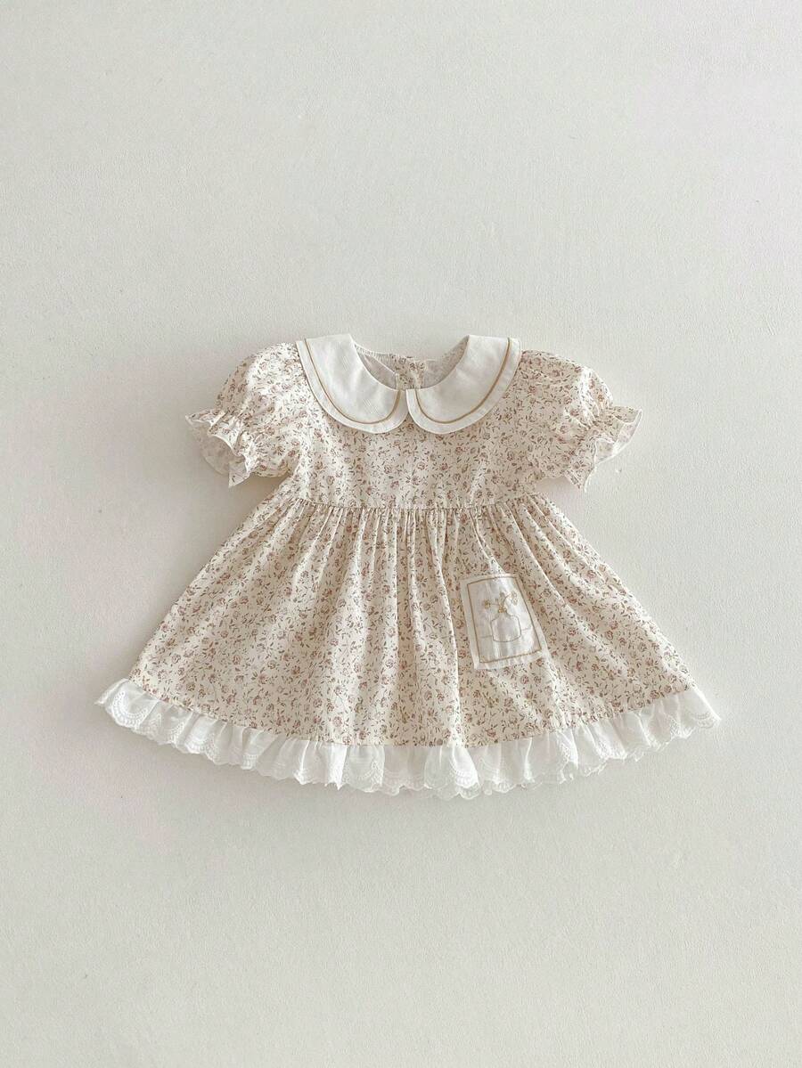 Miniweenns 1件女嬰夏季戶外休閒花卉短袖公主洋裝,1歲生日禮物 - 彩色 - 查看 1
