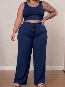 Calça Pantalona Plus Size Feminina Elástico Na Cintura Com Bolso Cintura Alta Tecido Duna - Azul Marinho - Visão 6