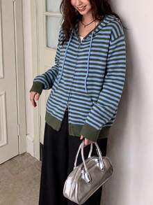 Women's Winter Casual Minimalist Vintage Striped Hooded Cardigan Jacket - Blue - View 3