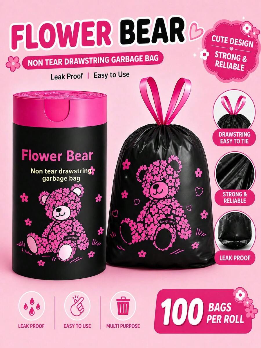 1 Roll/100pcs Sakura Bear Shaped Scented Trash Bags - Thickened Tear-Resistant Drawstring Garbage Bags, Large Size 17.72X17.72 Inches Capacity, Scented Anti-Tear Bags, Ideal Choice For Daily Use - A - View 1