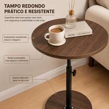 Mesa Lateral Redonda Regulável Altura Cor Imbuia, Tampo Diâmetro 40cm, Altura 40 a 75cm, Suporte Metálico Preto e Base Redonda Ponderada, Ideal ao Lado do Sofá e Áreas de Lazer da Sala - MesaLateral-RedondaRegulavel-NogalPreto - Visão 7