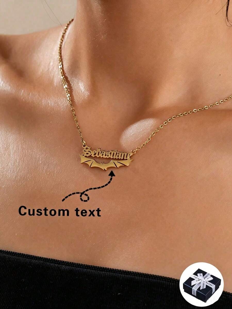 Customized Stainless Steel Halloween-Themed Necklace, Gold Color Pumpkin Lantern, Spider, Bat, Ghost, Witch Hat, Letter Pendant, Perfect Gift For Halloween, Anniversary, For Couple, Friend, Family - Gold - View 1