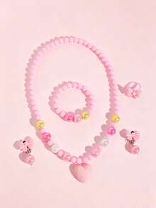 5pcs/Set Girls Princess Heart Bow Beaded Necklace, Bracelet, Ring And Earring Jewelry Set, Suitable For Party, Gathering, Daily Wear - Multicolor - View 1
