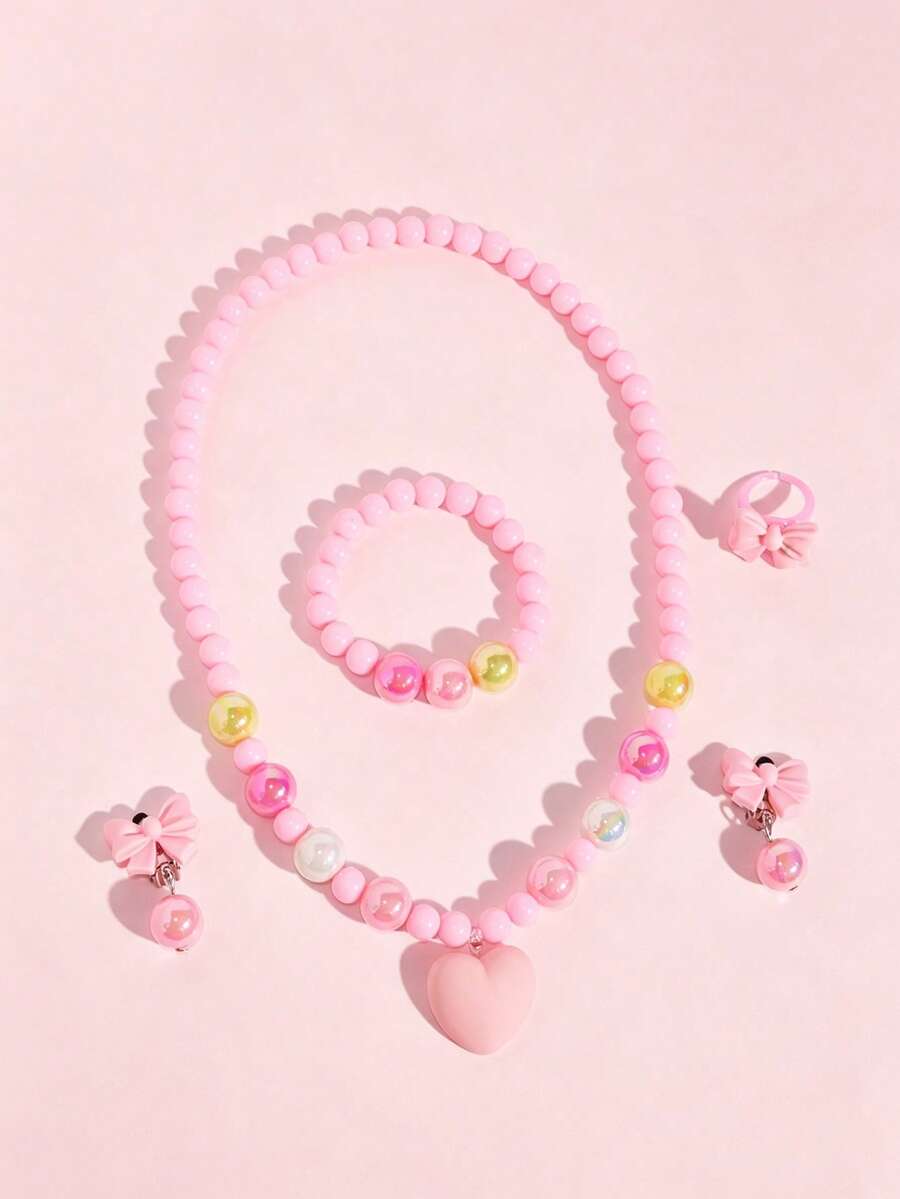 5pcs/Set Girls Princess Heart Bow Beaded Necklace, Bracelet, Ring And Earring Jewelry Set, Suitable For Party, Gathering, Daily Wear - Multicolor - View 1