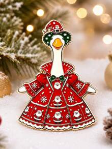 Christmas Hat Red Dress Big White Goose Brooch, Cartoon White Goose Santa Claus Print Design, Suitable For Christmas Party Fun Accessory - A - View 6