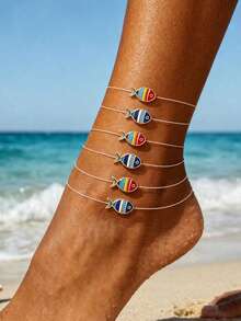 6pcs Minimalist Casual Fun Colorful Small Fish Transparent Fishing Line Anklets For Women, Daily Beach Vacation Matching - Multicolor - View 2