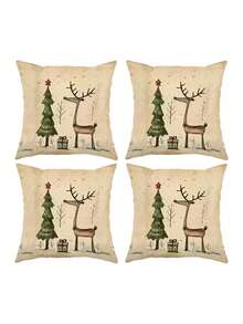 1/2/4Pcs Featuring A Deer And Tree Design In Beige And Green, Perfect For Holiday Decor. They Come With A Zipper Closure, Are Machine Washable, And Ideal For Sofa And Home Decoration - Apricot - View 11