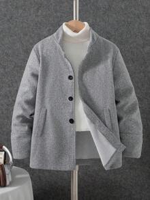 Boys' Fashion Casual Jacket, Simple Stand Collar Single-Breasted Loose Cardigan Top, Autumn/Winter - Grey - View 1