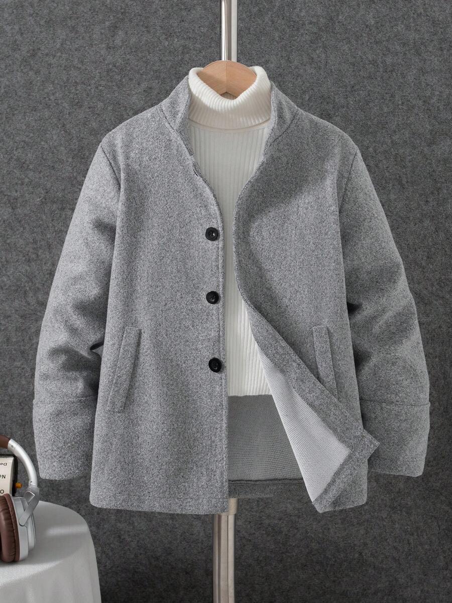 Boys' Fashion Casual Jacket, Simple Stand Collar Single-Breasted Loose Cardigan Top, Autumn/Winter - Grey - View 1
