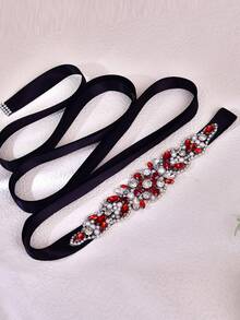 1pc Fashion Burgundy Rhinestone Applique Bridal Belt, Handmade Wedding Accessories, Versatile Evening Gown Decoration, Black Ribbon Halloween - Black - View 4