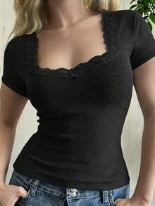 NOIRLYN 女款 T-shirt 夏季 Y2K 性感蕾絲拼接休閒方領短袖上衣 黑色 - 黑色 - 查看 6