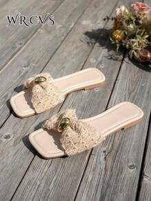 WRCVS Women's Summer Flat Khaki Square Toe Woven Strap Pearl Decor Sandals, Sexy Party Beach Slides, Bohemian Style Vacation Slippers - Khaki - View 6