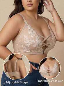 Plus Size Women's Sexy Lace Wireless Bra, Curve Enhancing Front Closure - Apricot - View 4