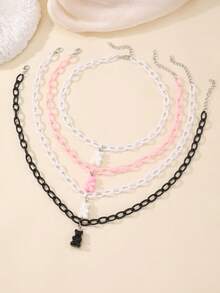 2pcs/Set Girls Bear Pendant Necklace, Pink & White Chain Collarbone Necklace, Niche Personalized Accessory Suitable For Daily Decoration - Multicolor - View 5
