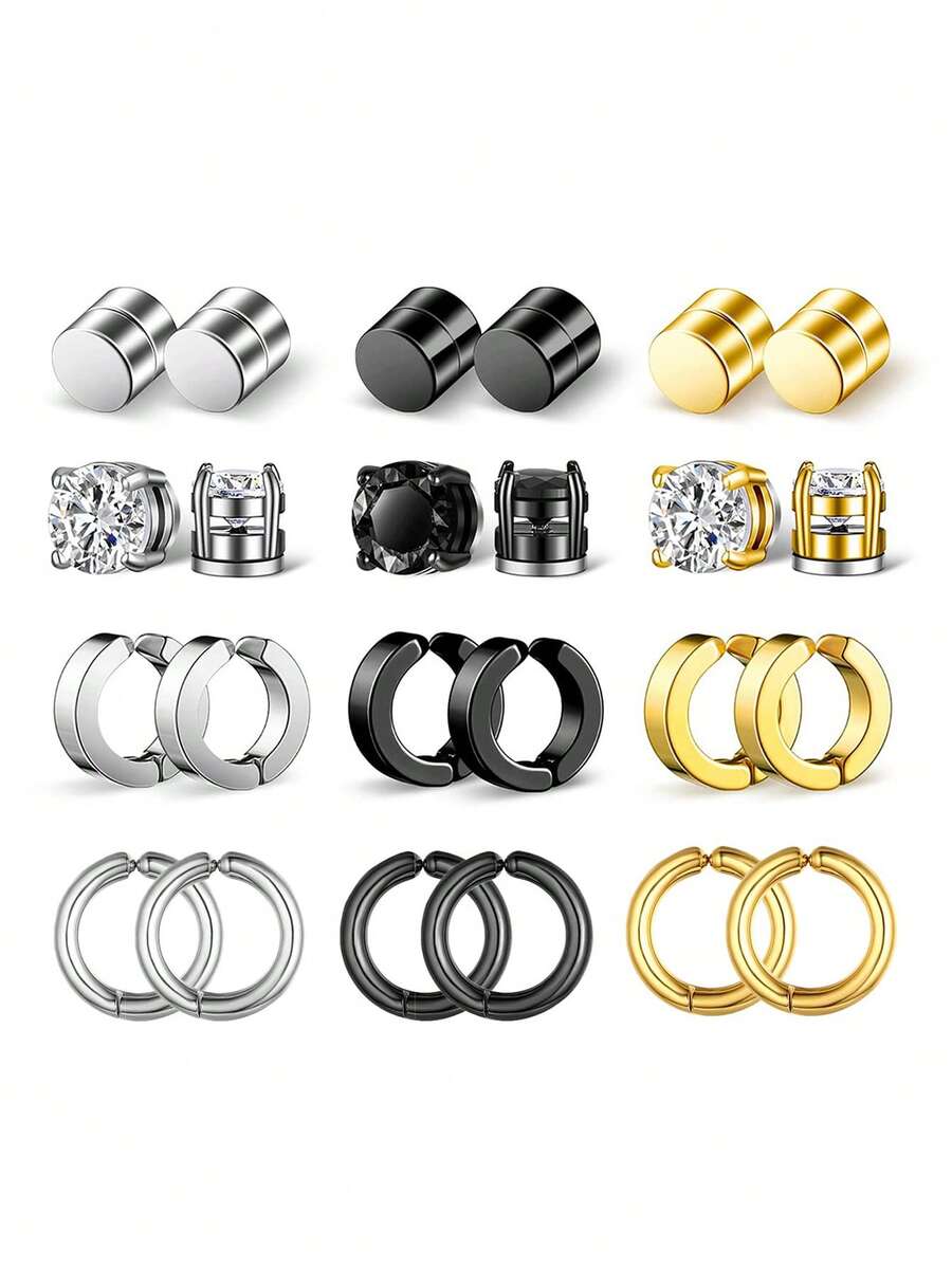 4 Pairs Mixed Magnetic Ear Cuffs Set, 304 Stainless Steel Round Disc & CZ Hoop Clip On Earrings, No Piercing Unisex Punk Daily Ear Jewelry - 4 Pairs Ear Clips Set - View 1