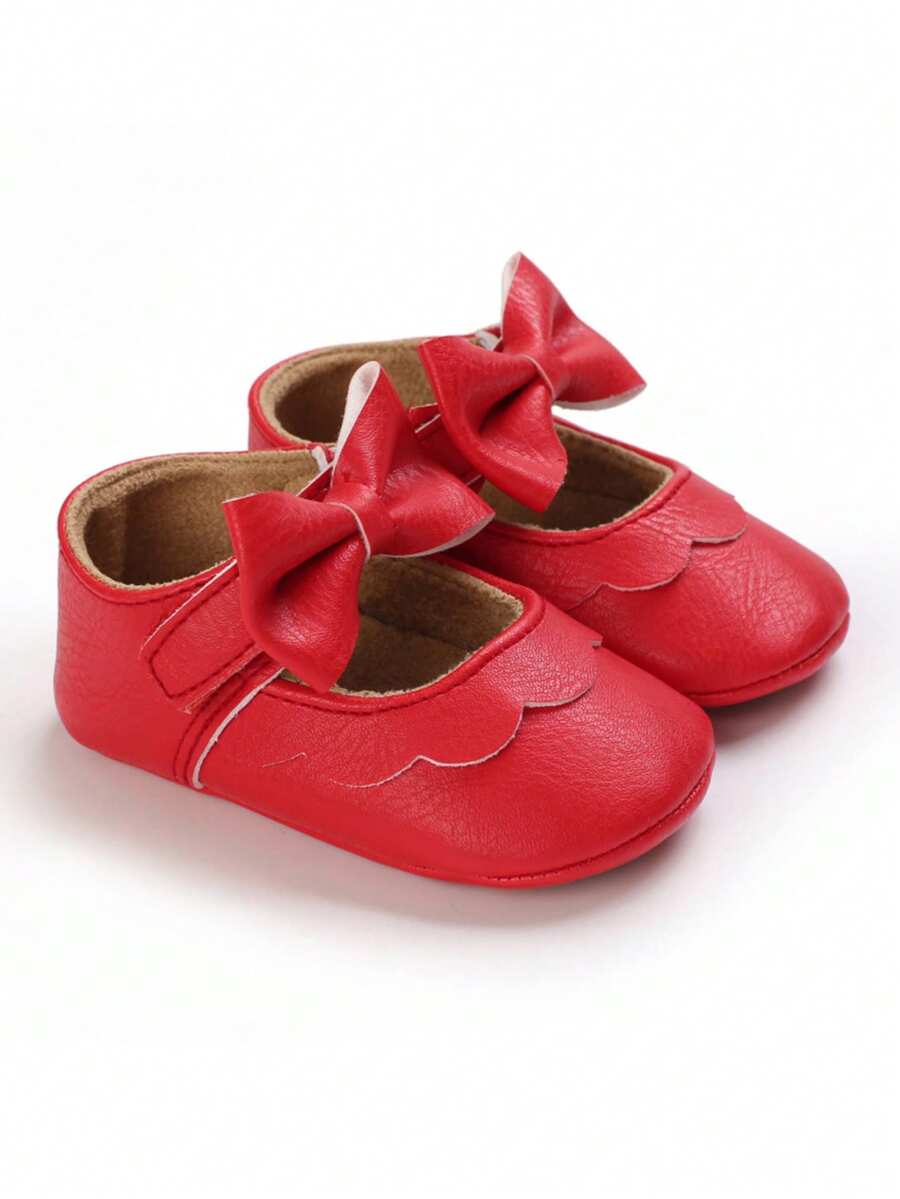 Premium Infant Girl Bow Mary Jane Shoes, Soft Sole Non-Slip Newborn Princess Walking Shoes - Red - View 1