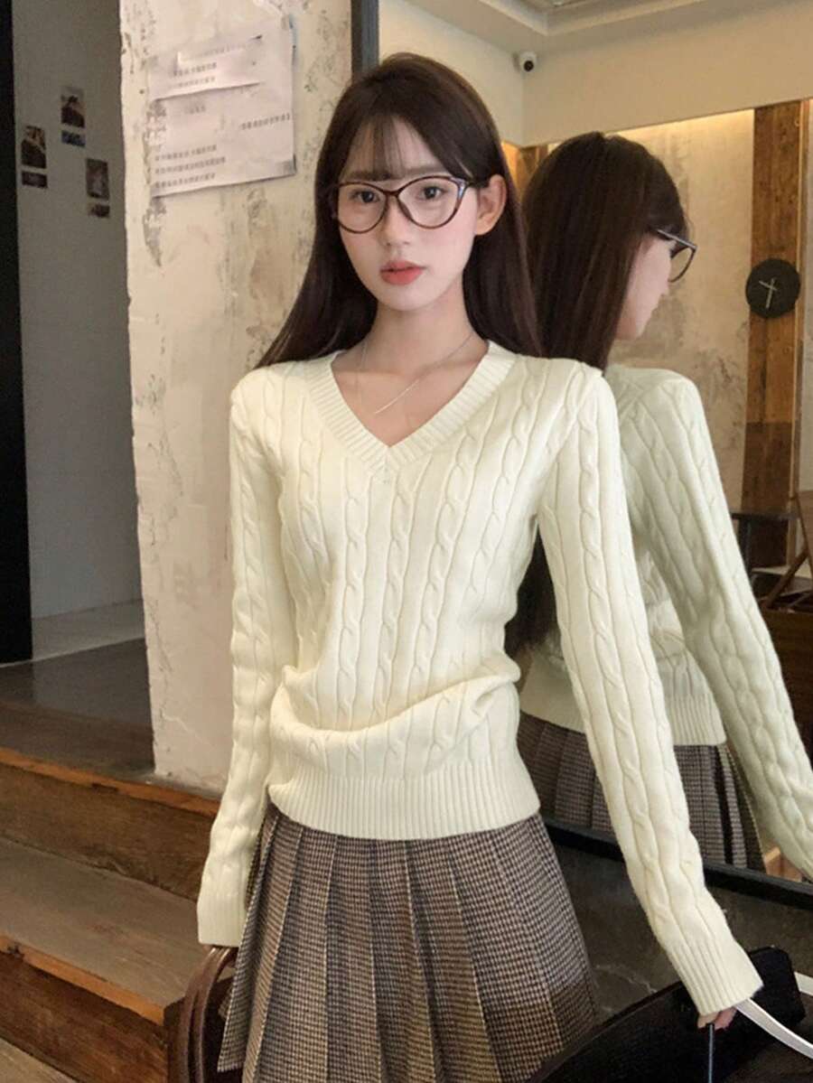 杏色V領麻花編織女款秋季加厚寬鬆慵懶針織上衣 - 杏色 - 查看 1