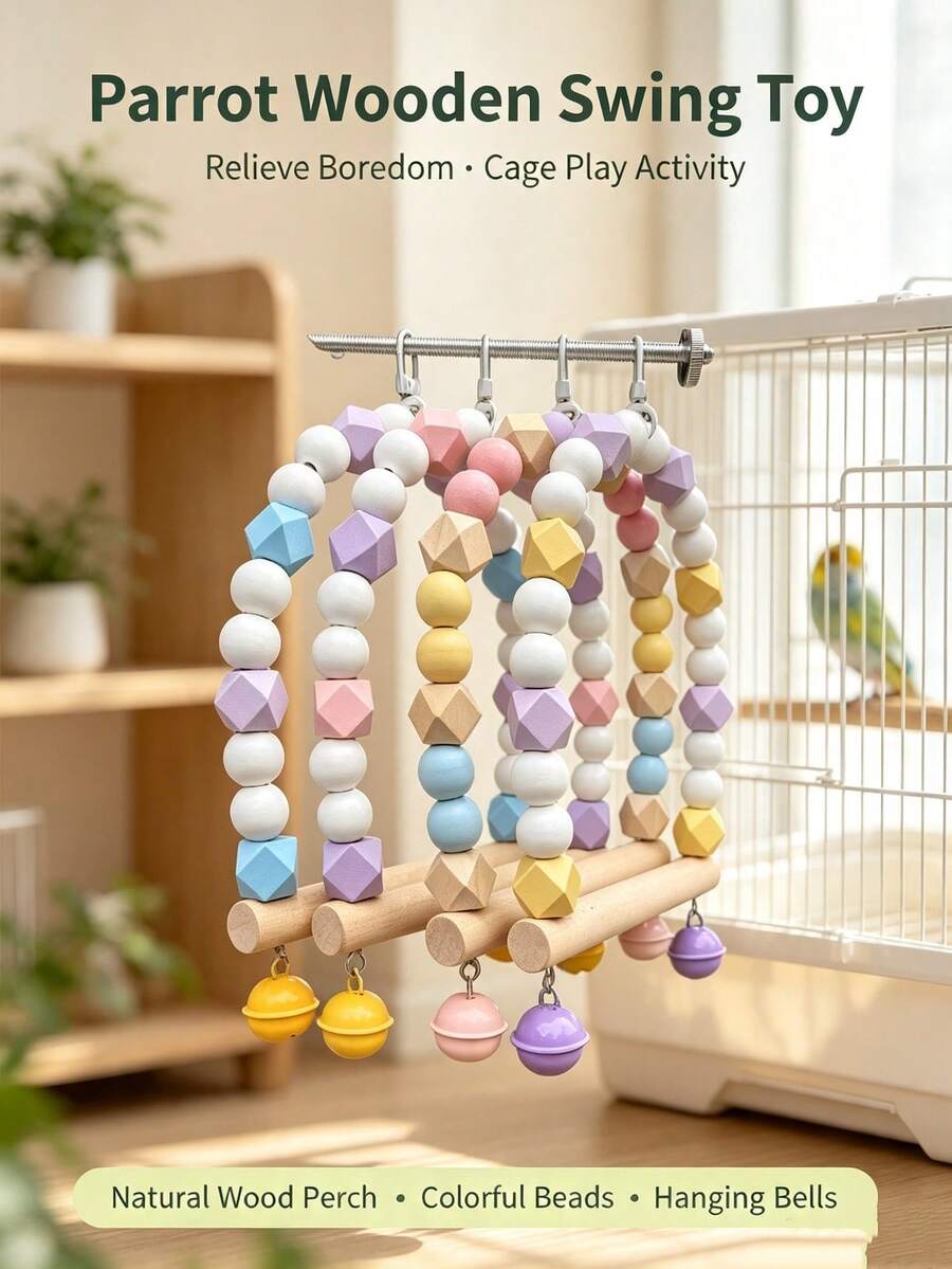 Mainan Ayunan Tangga Burung Beo dari Kayu Alami, Rak Gantung Sangkar Burung dengan Lonceng Manik-Manik Warna-warni, Perlengkapan Bermain Mengunyah dan Mendaki yang Tahan Lama, Cocok untuk Burung Parkit dan Lovebird - View 1