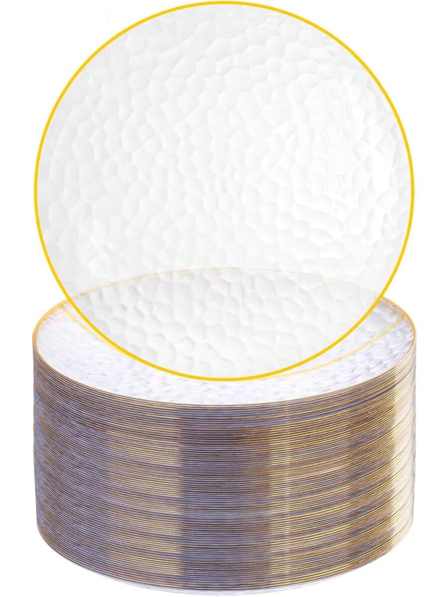 10pcs Transparent Hammered Gold Rim Plates, Salad Plates - Includes 10pcs 10.25-Inch Plates Or 10pcs 7.5-Inch Plates, Essential For Dinner, Dessert, Party, Wedding - Clear - View 1