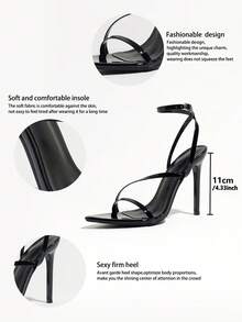 Women's High Heel Sandals, Spring/Summer Night Party Outdoor Fashion High-End Banquet Bag Cloth Thin High Heel Pointed Toe Shiny Cross Strap Design With Plain Finish, High-Quality Soft Mirror Fabric, Sexy Ankle Strap With Adjustable Buckle, Elegant Fashion Comfortable For Any Formal Occasion, Shoes For Outdoor Wear, Minimalist Versatile For Dresses And Skirts, Valentine's Day Date, Party, Office, Daily Commute, Stable High Heels For Women - Black - View 7