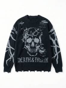 ANDREILEE Men's Fashion Casual Versatile Daily Commute Home Skull Distressed Fringe Crew Neck Long Sleeve Loose Ribbed Pullover Sweater Knit Top Autumn/Winter - Black - View 6