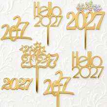 1pc/3pcs/9pcs Gold Hello 2027 Acrylic Cake Toppers, New Year Christmas Party Cake Decorations - Multicolor - View 3