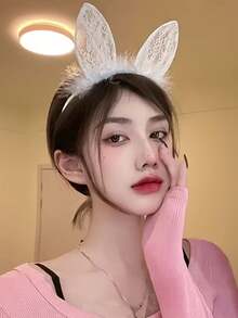 2pcs Dress Up Headbands, Cute Plush Rabbit Ear Design Hair Accessories, Black And White Lace Headbands, Suitable For Women's Daily Wear - Multicolor - View 4
