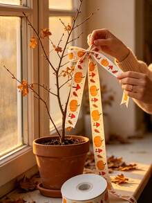 10Yards Autumn Pumpkin And Maple Leaf Print Fabric Ribbon, Halloween DIY Decorative Ribbon; Halloween Gift Wrapping Ribbon, Halloween Floral Decoration Ribbon, Halloween Scene Decoration, Halloween Atmosphere Decoration Supplies, DIY Enthusiasts - Multicolor - View 6