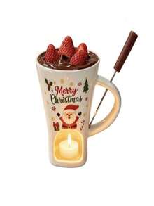 Christmas Ceramic Chocolate Fondue Cup Set With Tea Candle Holder And Forks, Santa Claus Reindeer Tree Pattern Heat-Resistant Hot Chocolate Melting Pot, Holiday Dessert Dipping Bowl For Strawberries Marshmallows, Christmas Party Tableware Gift - Multicolor - View 15