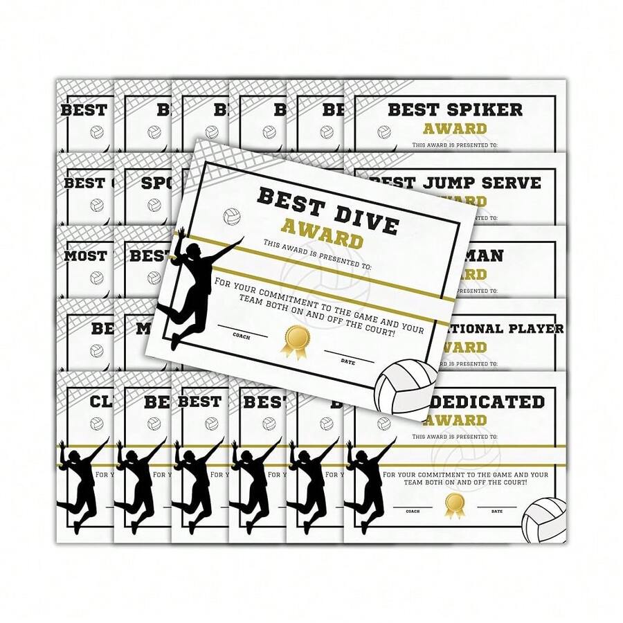 Women's Volleyball Athletic Achievement Awards 31pk Unique 8.5x11" Superlative Certificates MVP Yo.Uth Sports Spirit Sportsmanship End - Black and Gold - View 1