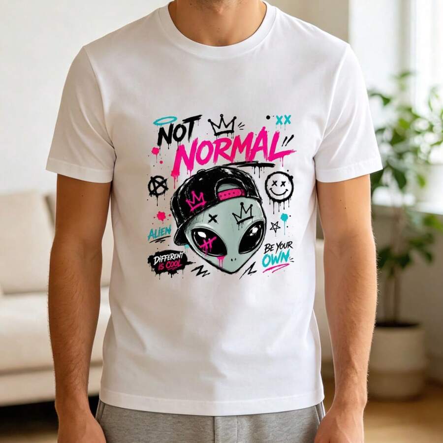 Unisex Indoor Outdoor Street Graffiti Print Loose Fit T-Shirt, Soft Cotton Urban Spray Tee, Multi-Scene Daily Casual Pullover - White - View 1