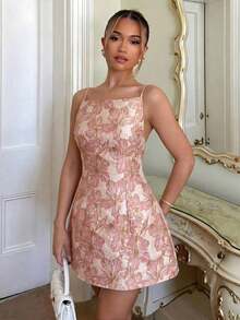 Vestido de mujer con tirantes finos, tela metálica con bordado floral jacquard, vestido de lujo para fiestas/té, vestido de prin - rosa - Ver 6