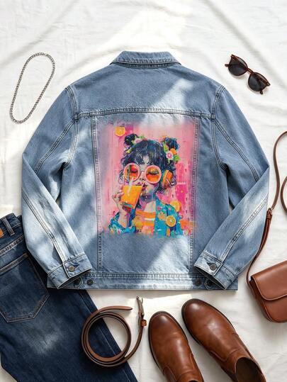 Women's Denim Jacket, 'Orange Juice Girl' Print, White Ink Direct-To-Garment Printing, Loose Fit And Versatile
