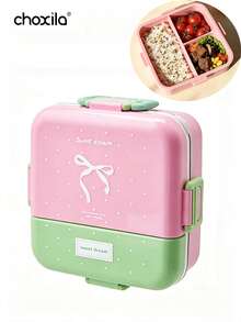 choxila 1pc Cute Bow Print Double Layer Lunch Box, Sweet Dream Color Block Leak-Proof Bento Box, Suitable For Students, Office, Picnic - View 1