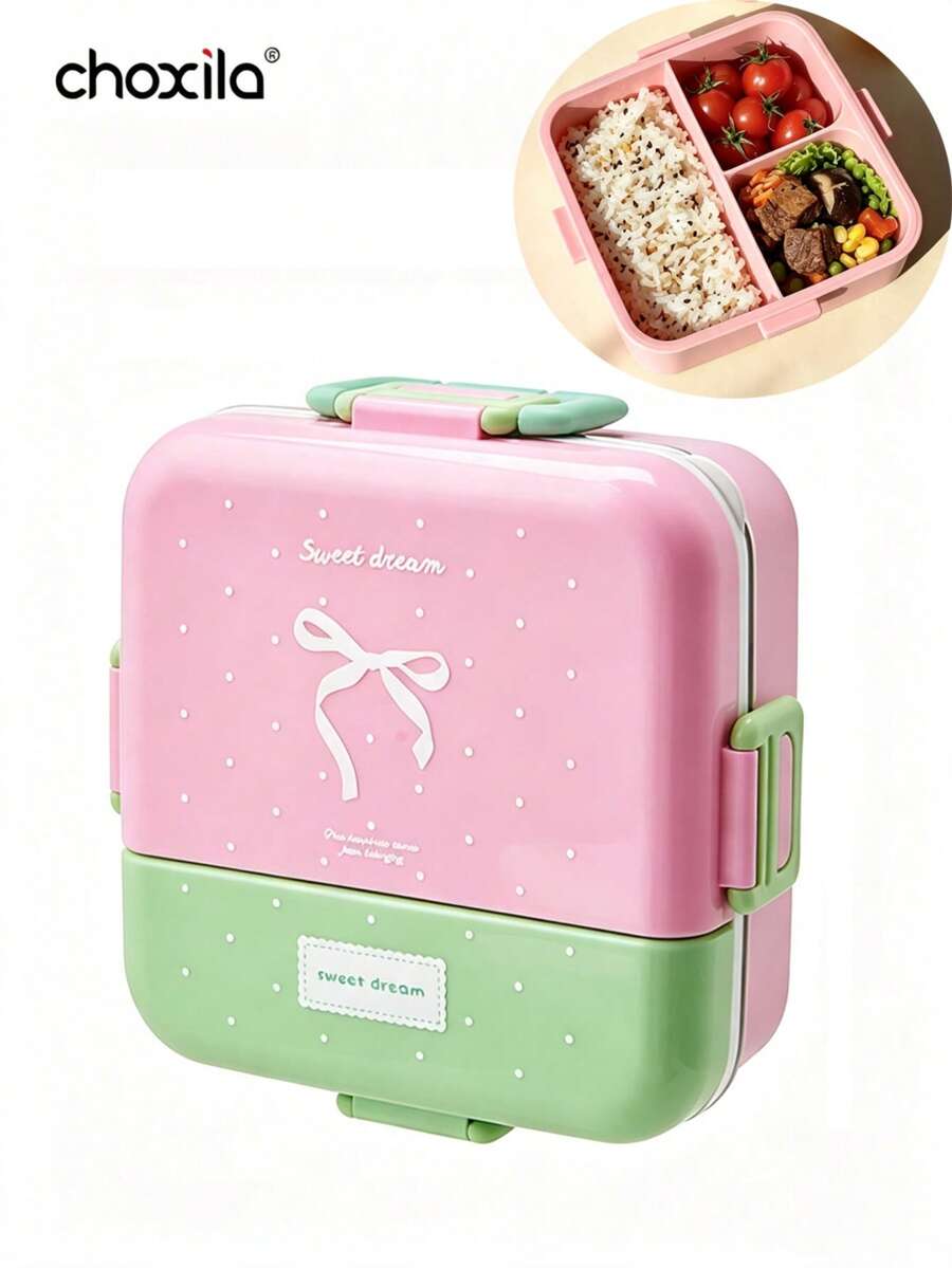 choxila 1pc Cute Bow Print Double Layer Lunch Box, Sweet Dream Color Block Leak-Proof Bento Box, Suitable For Students, Office, Picnic - View 1