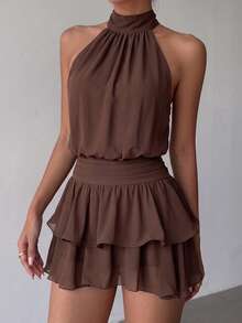 Elegant Fashion Brown Halter Neck Backless Layered Ruffle Mini Dress - Wedding Party - Brown - View 10