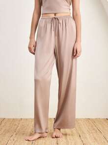Ocili Leisure Silky Satin Comfortable Loose Long Sleeve Lapel Front Button Women's Pajama Top/Bottoms - Champagne - View 14