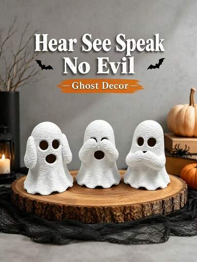 3Pcs Hear See Speak No Evil Ghost Figurines, Textured White Resin Ghost Statue, Hollow Design For Tealight, Halloween Tabletop Ornament, Nordic Home Desktop Decor, Spooky Season Party Decoration Gift