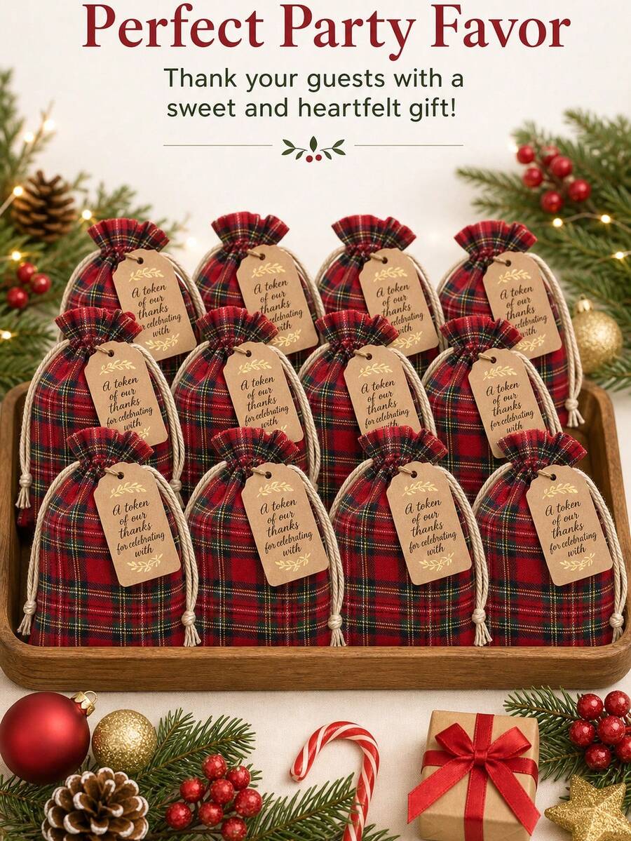 Christmas Gift Red Plaid Drawstring Pouch,Small Gift Bag With Plaid Pattern And Drawstring Closure,For Wedding Favors, Jewelry Storage, Christmas Candy, Birthday Party Supplies, Handmade Beads StorageParty Christmas,Christmas Bags,Christmas - Multicolor - View 1