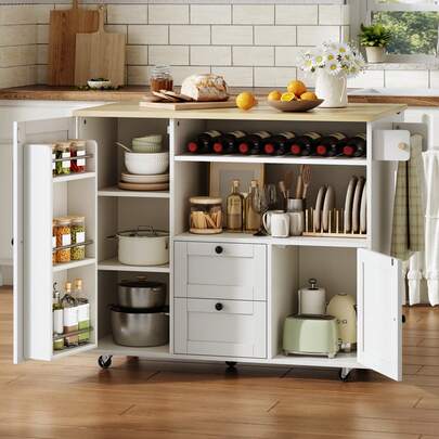 Mobile Kücheninsel Mit Klappbarer Arbeitsplatte, Küchenwagen, Aufbewahrungsschrank, Sideboard Mit Handtuchhalter, Schublade, Integriertem Weinregal Und Abschließbaren Rollen, 104 * 45 (69) * 89 Cm