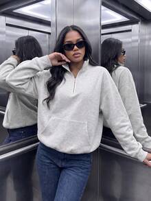 Sweatshirt Wanita Kasual Bahan Komposit Kerah Tinggi Saku Resleting Potongan Longgar Setengah Terbuka dengan Tudung, Set Atasan Musim Panas untuk Pemakaian Sehari-hari - Abu-abu muda - View 7