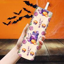 1pc, Halloween 20oz Stainless Steel Straight Tumbler With Lid And Straw, Pumpkin, Candy, Can Pattern, Vacuum Insulated Slim Coffee Cup, Halloween Party Decoration, Holiday Birthday, Suitable Home Kitchen - XAH3719 - View 8