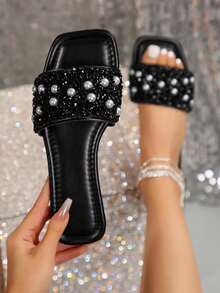 Sandalias de mujer talla con decoración de rhinestones, de punta abierta, sandalias planas de plástico versátiles y casuales para exteriores con suela antideslizante, pantuflas para damas para primavera/verano - Negro - Ver 1
