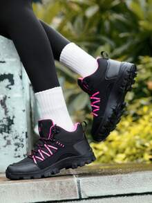 1 Pasang Sepatu Bot Hiking Mid-Top Bertali Bahan TPR (Karet Termoplastik) Motif Paisley Blok Warna Patchwork untuk Olahraga Luar Ruangan, Cocok untuk Semua Musim - Mawar Hitam Merah - View 4